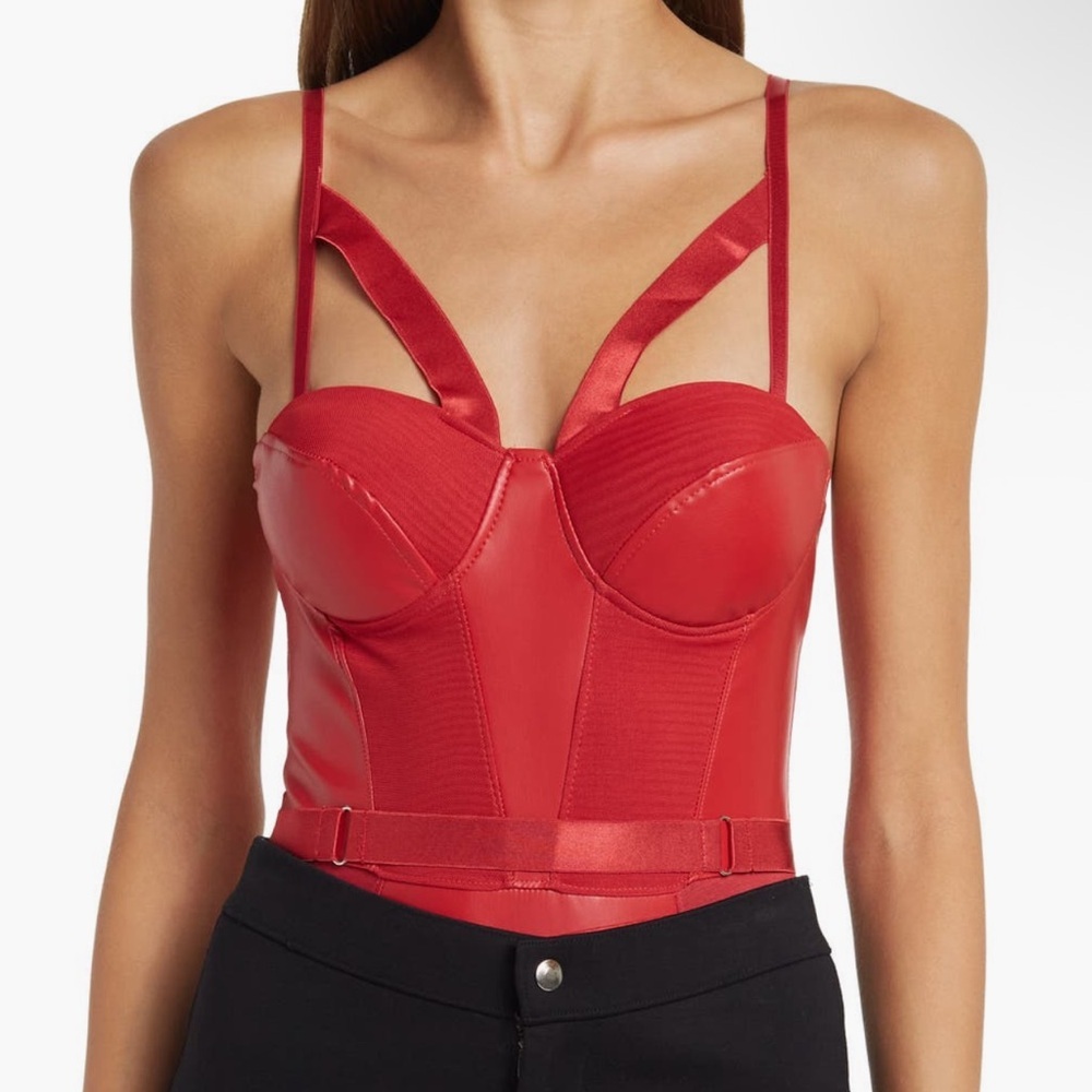 SECRET LACE Vegan Leather Mesh Lace-Up Bodysuit/size L